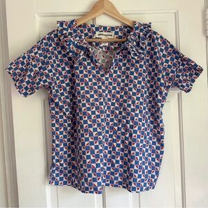 Caron Callahan Blue and Red Patterned Blouse